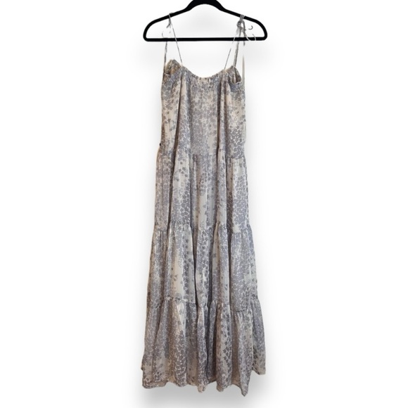 FleaStyle Grey Star Printed Tiered Chiffon Maxi Dress w/ smocked neck & Tassels - Picture 9 of 11
